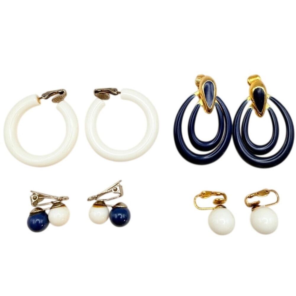 Lot of 4 Pairs Clip Earrings MCM Mod White Lucite Hoops Studs Nautical Navy Blue